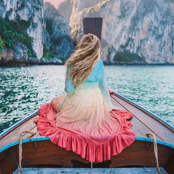 Boho Rainbow Ruffle High Low Button Kimono Maxi Dress - Picture 5 of 9